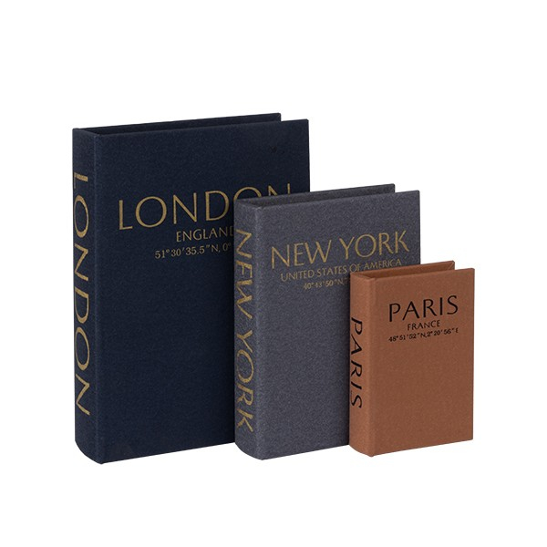 S/3 ΚΟΥΤΙΑ ΒΙΒΛΙΑ ΞΥΛΙΝΑ - PU LONDON - NEW YORK - PARIS ΜΑΥΡΟ - ΓΚΡΙ - ΚΑΦΕ 21x6x30cm / 17x4.5x23cm / 11x3x16cm